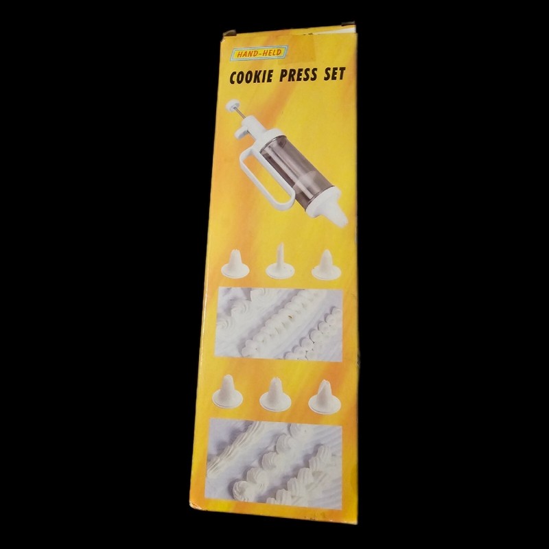 Vintage Hand Held Cookie Press Set- 5 Nozzles, 24 Discs, New Old Stock- SEALED. gallery