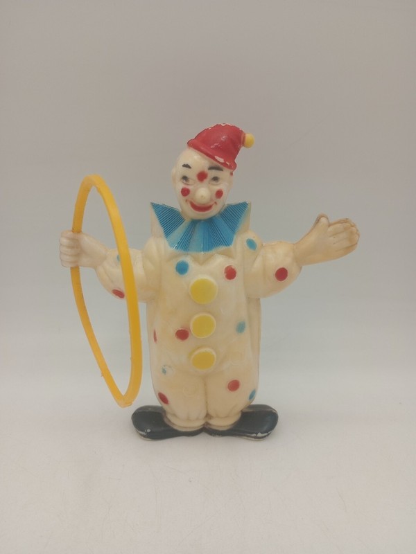 Celluloid Clown Birthday Cake Topper Fun Dessert W/Hoop Polka Dot Figurine Vtg
