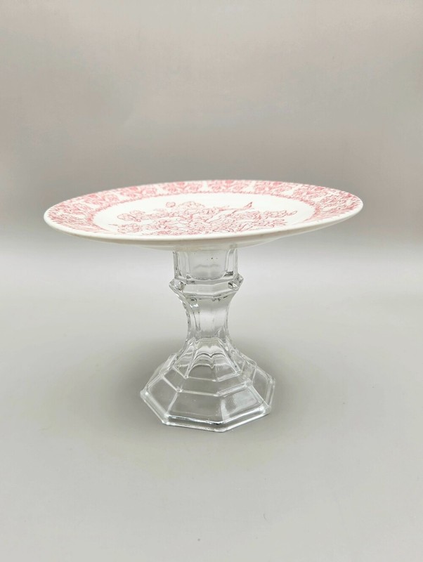 Mini Cake Stand or Cupcake Stand, Red & White Floral on Clear Glass Pedestal gallery