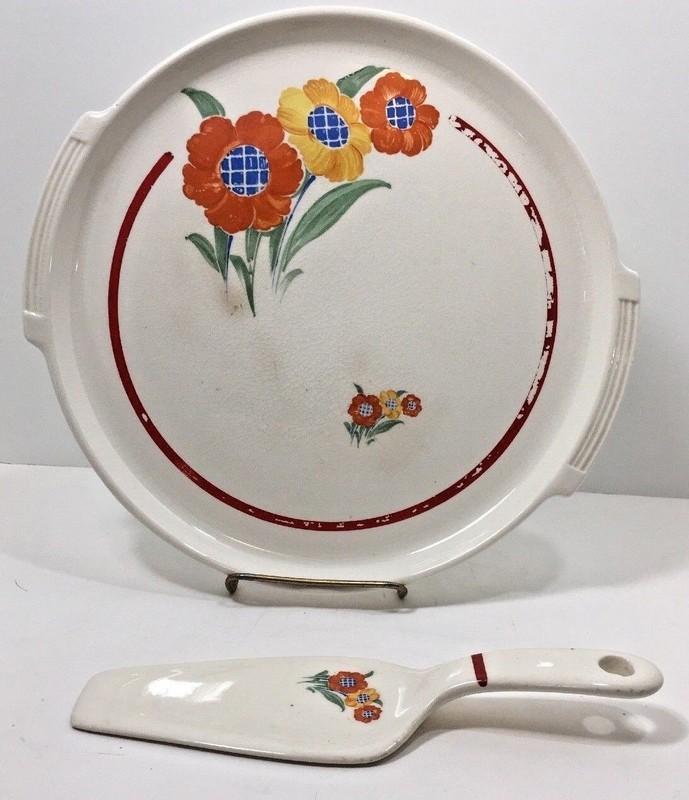 Vintage Cake Plate Cake Server Pottery Guild Hostess Ware Floral Red Yellow