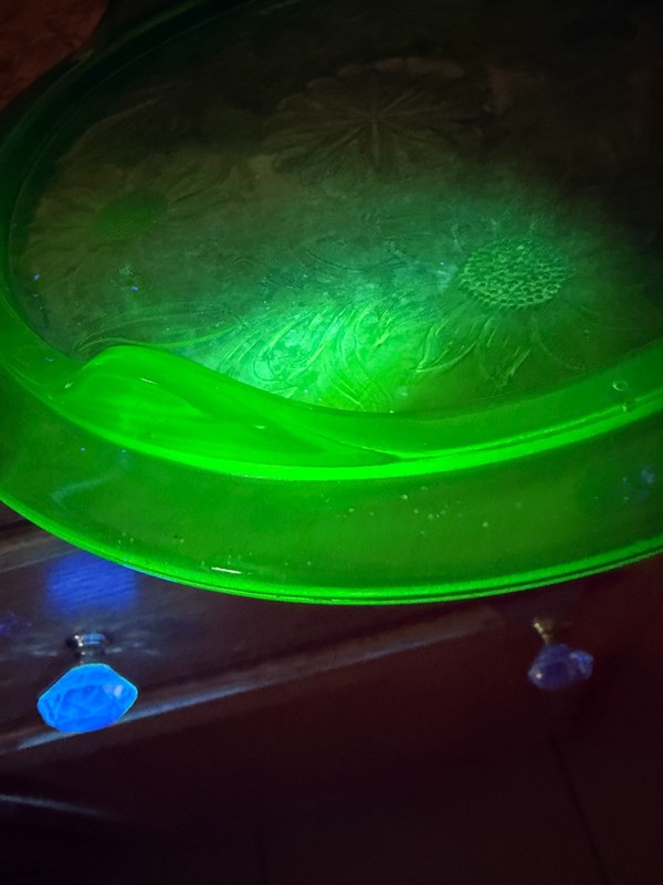 Uranium Green Glass Cake Stand, Sunflower Pattern, 1940's Depression Glass gallery