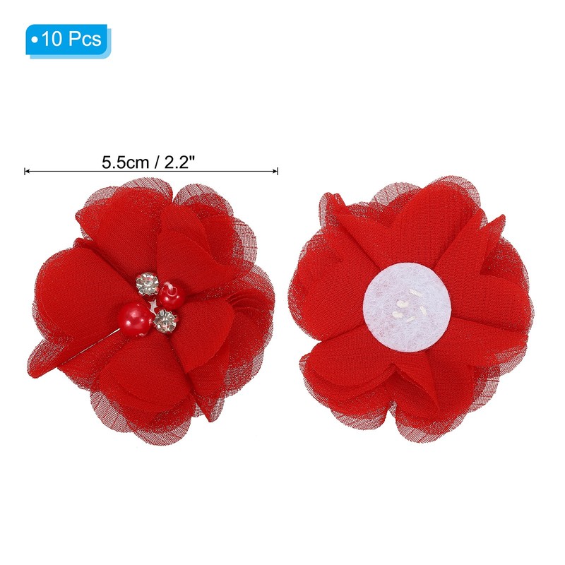 10Pcs 2" Chiffon Flowers with Rhinestone Pearl Appliques Decorate Dark Red gallery