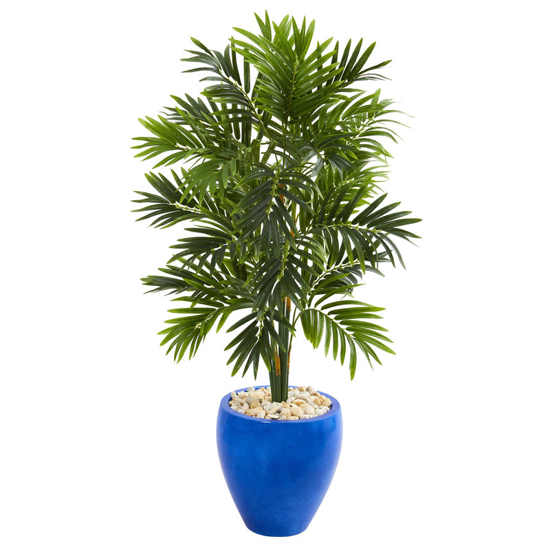 Nearly Natural 4 Areca Palm Tree In Glazed Blue Planter Artificial Plant Green
