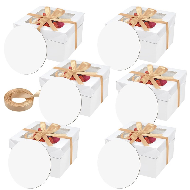 6 Set 10x10x8 Inches Cake Boxes With Boards Window 70ft Silk Ribbon Baking