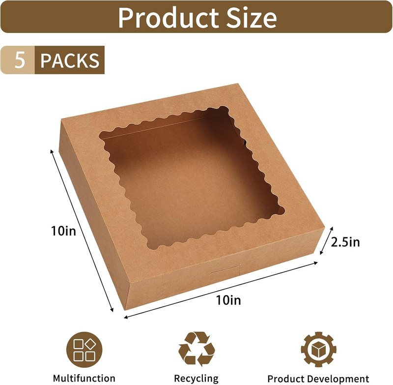 Moretoes 5pcs Pie Boxes, 10x10x2.5 Bakery Boxes with Window, Auto-Popup Brown Ba gallery