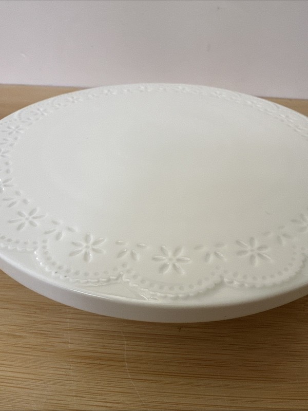 Nottingham Lace White Embossed 8" Pedestal Cake Stand Porcelain Scalloped Edge gallery