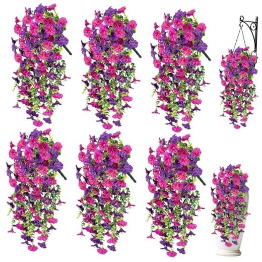 Artificial Hanging Flowers for Outdoors, 6 PCS Silk Morning Purple+fuchsia