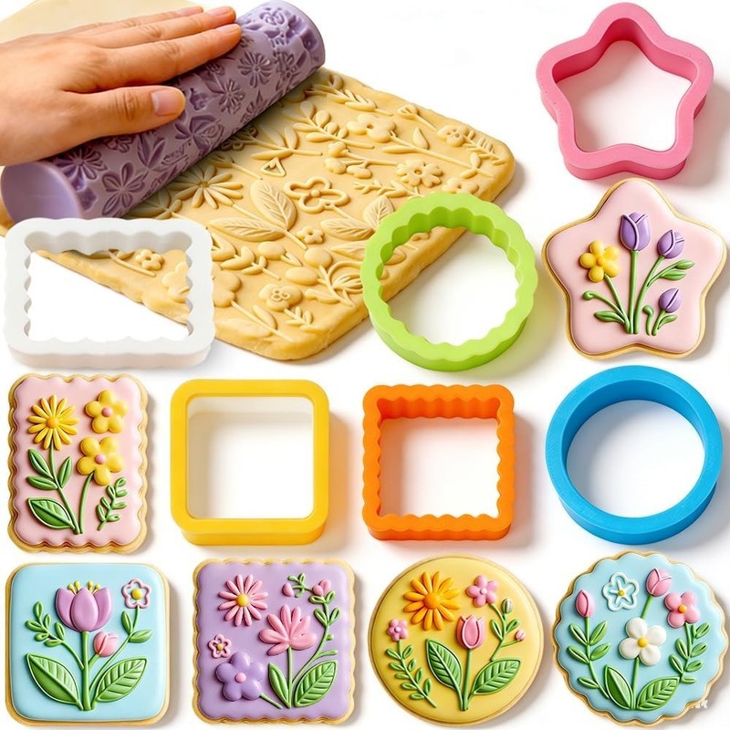 7Pcs Baking Cookie Cutters Shapes Flower Texture Roller Star Round Rectangle