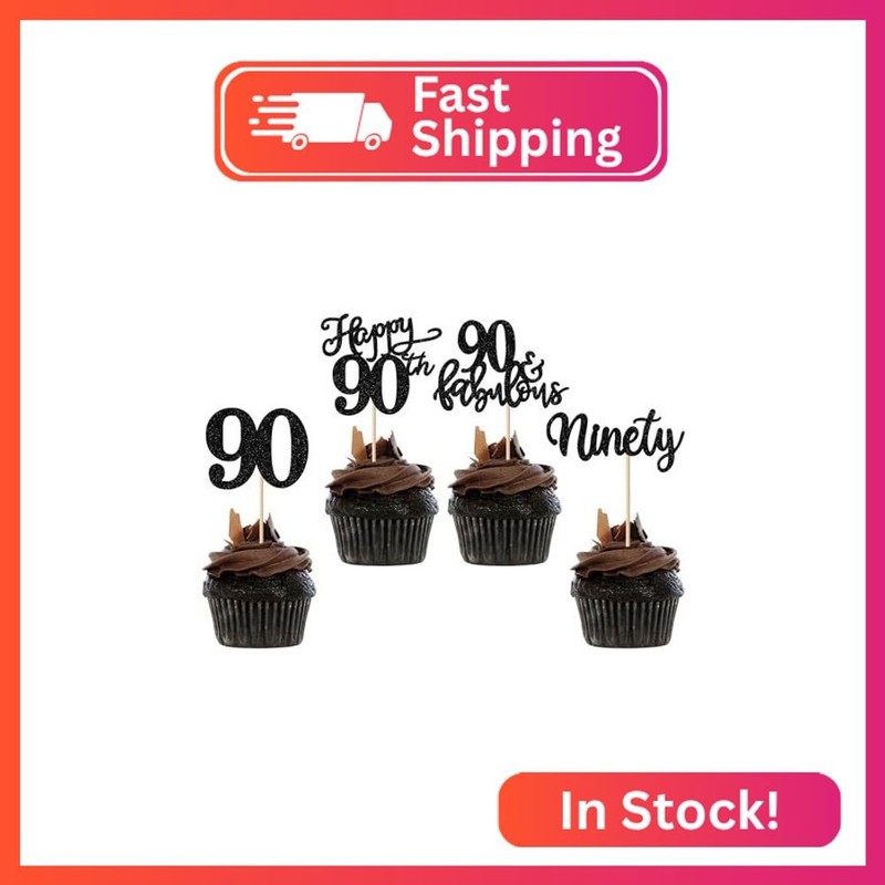 Rsstarxi 24 Pack Glitter 90th Birthday Cupcake Toppers Ninety 90 Fabulous Cupcak