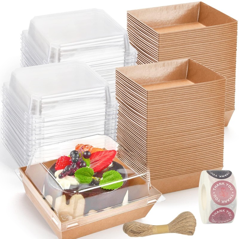 100 Pack Charcuterie Boxes with Clear Lids, 5 Inch Kraft To Go Paper Bakery B…