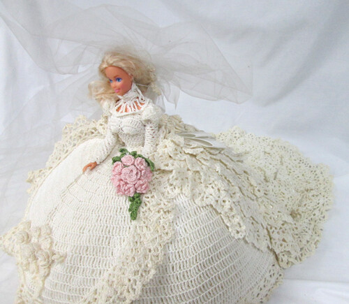 Large Crochet Ivory Beautiful Blond Barbie Doll Cake Topper Approx 14" Round gallery