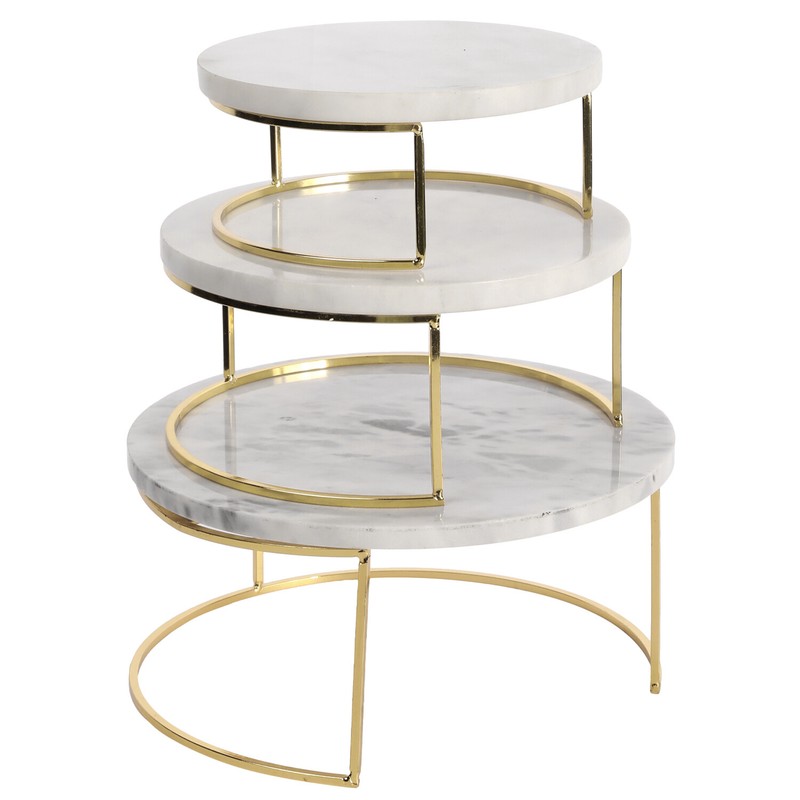Modern White Marble Cake Stands, Brass Metal Cupcake Pedestal Risers, Set of 3 gallery