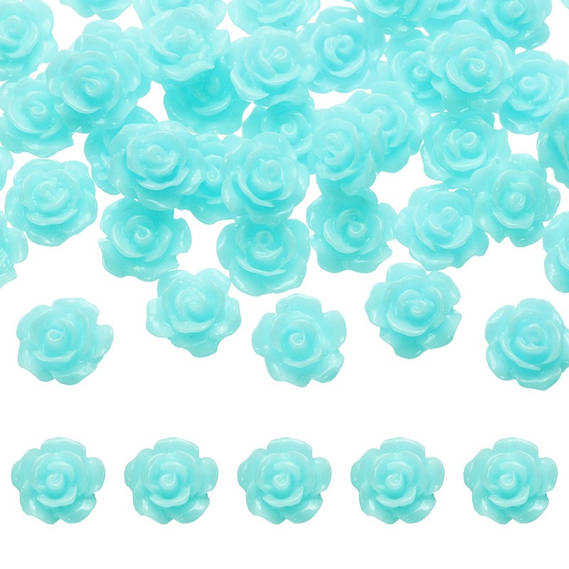50 Pcs Lake Blue Resin Rose Flower Beads, 10mm Flatback Flower Charm