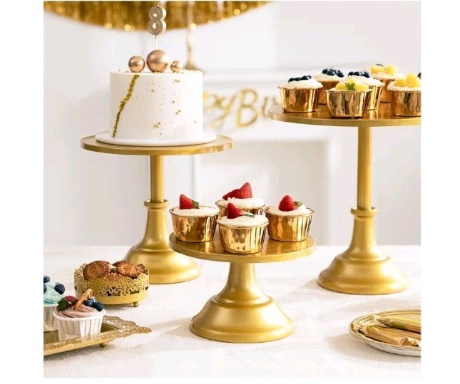 HBlife 3 PCS Gold Cake Stand Set (8″/10″/12″ Plate) for 6-10 Inch Cakes, Dessert