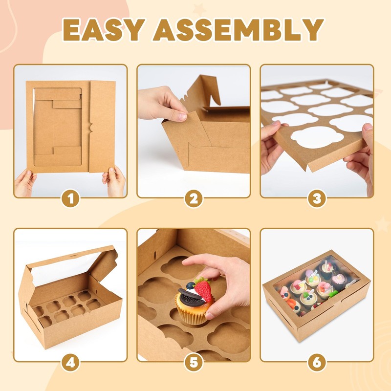 6 Pack Cupcake Boxes 12 Count Container Window Cardboard Food Grade Brown gallery