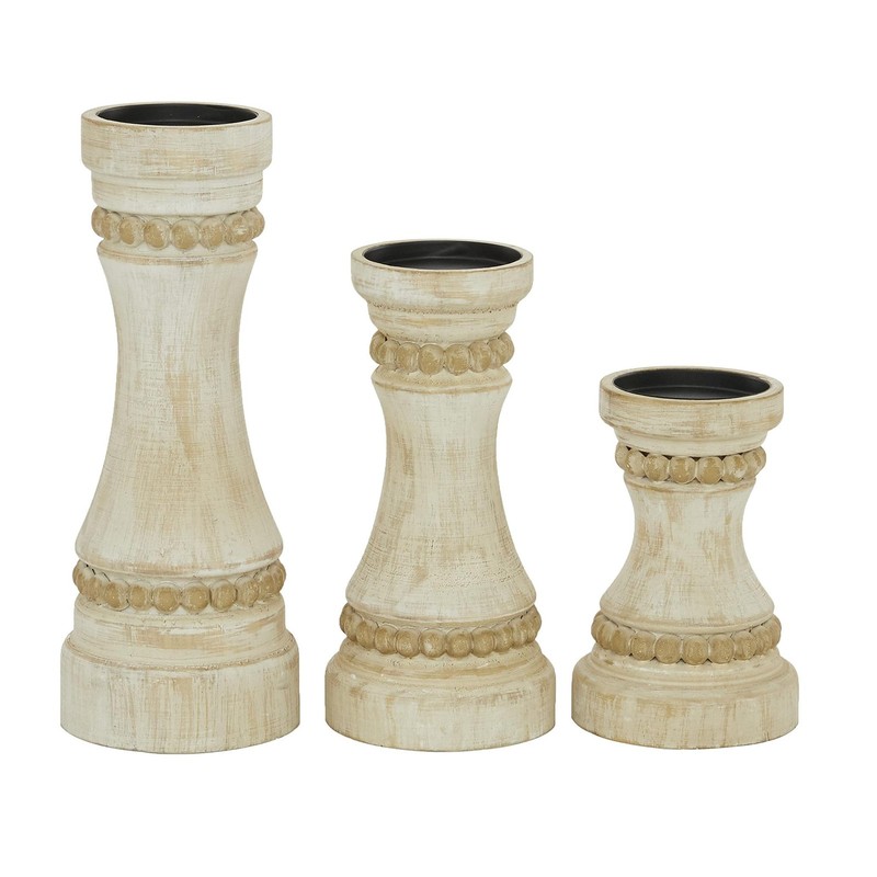 Deco 79 Wood Solid Candle Holder, Set of 3 12", 9", 7"H, Cream gallery