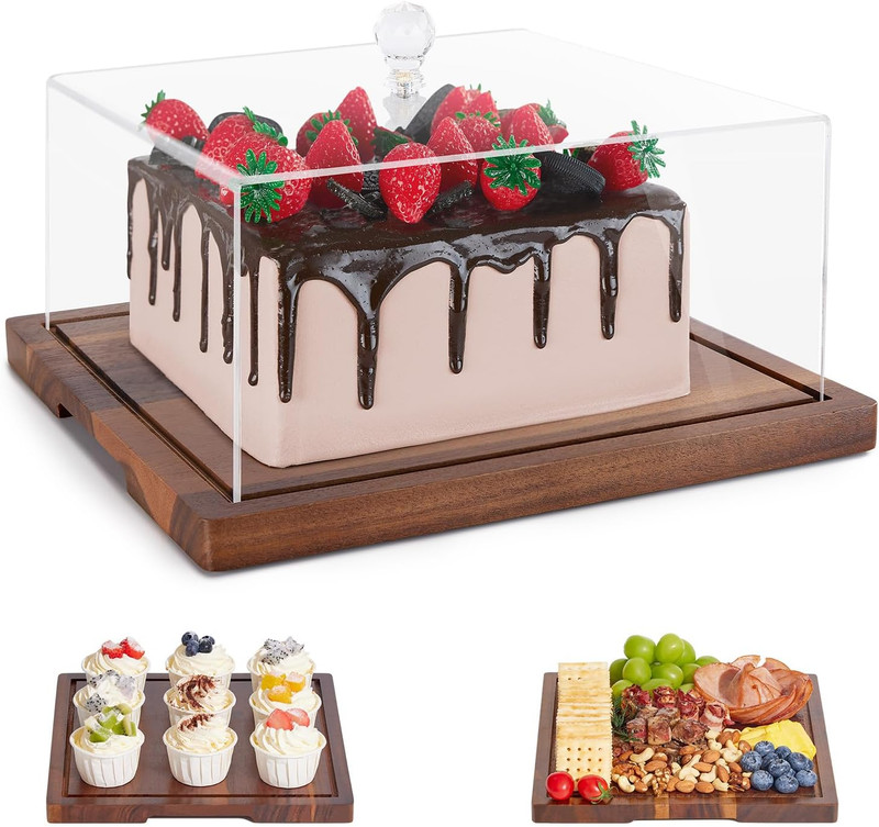 Acacia Wood Cake Stand with Lid-Cake Holder with Dome, 2-In-1 Dessert Table Disp