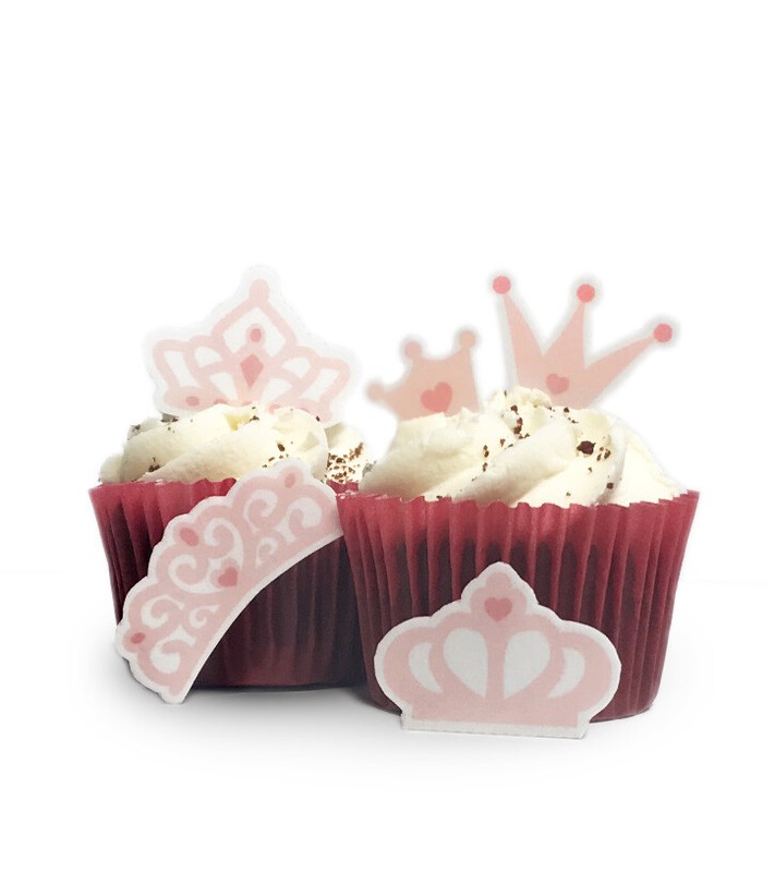 24 STAND UP Pink Princess Crown Edible Wafer Paper Cake Toppers Decorations