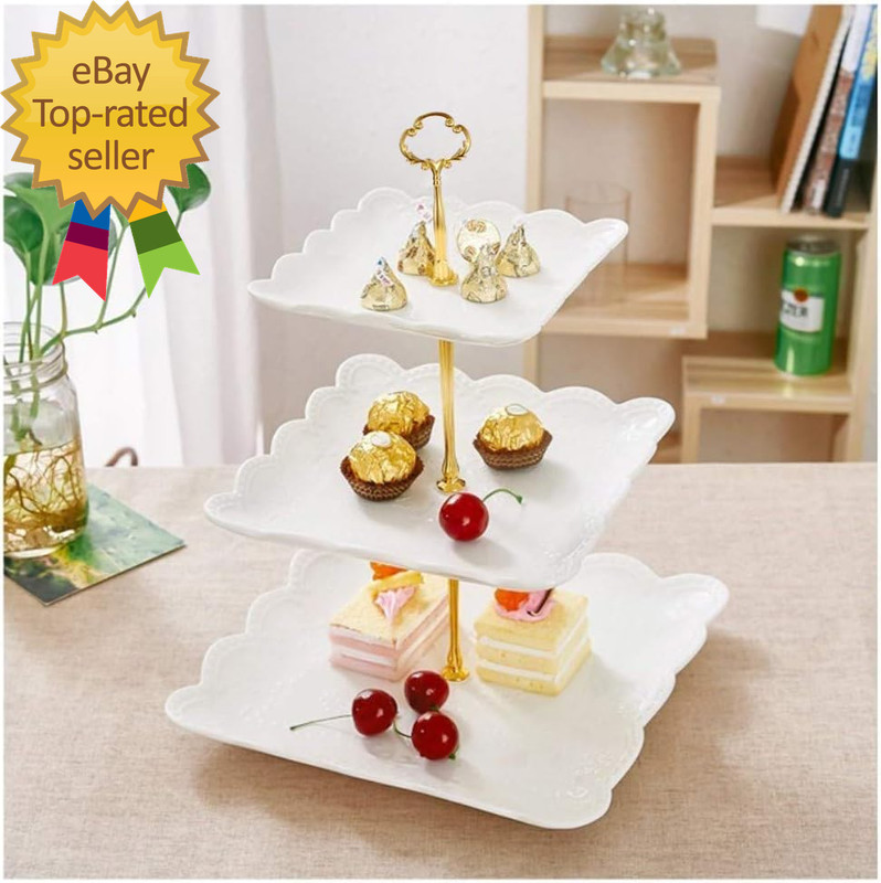 3 Tier Porcelain Cupcake Stand Tiered Serving Cake Stand Square White Embossed gallery