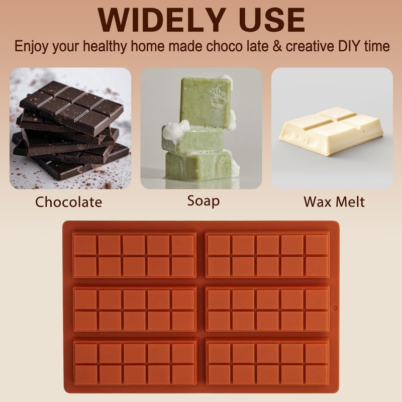 Silicone Chocolate Bar Mold – 6 Large Cavities, 10*6.7*0.59inches, Brown gallery