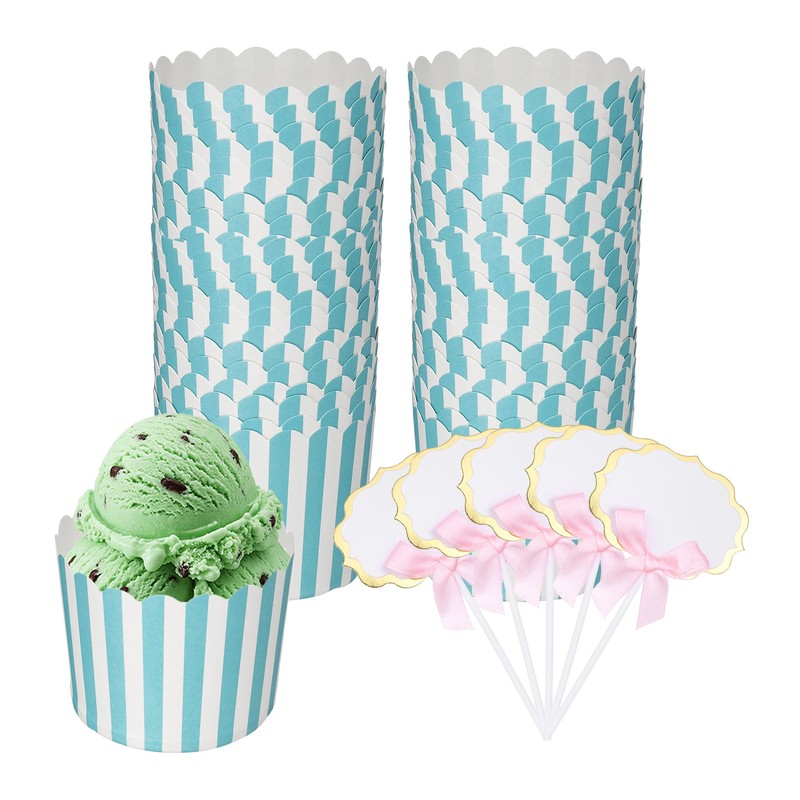 50pcs Paper Baking Cupcake Cups with Handwritten Toppers, Pinstripes&Blue