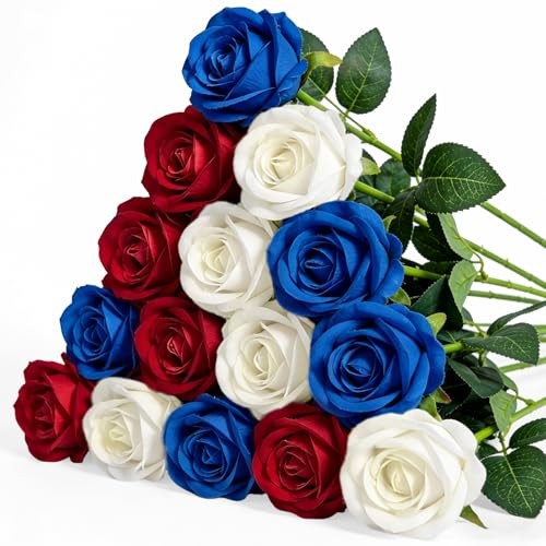 15PCS Red Blue White Artificial Flowers Fake Roses, Silk Red-blue-white