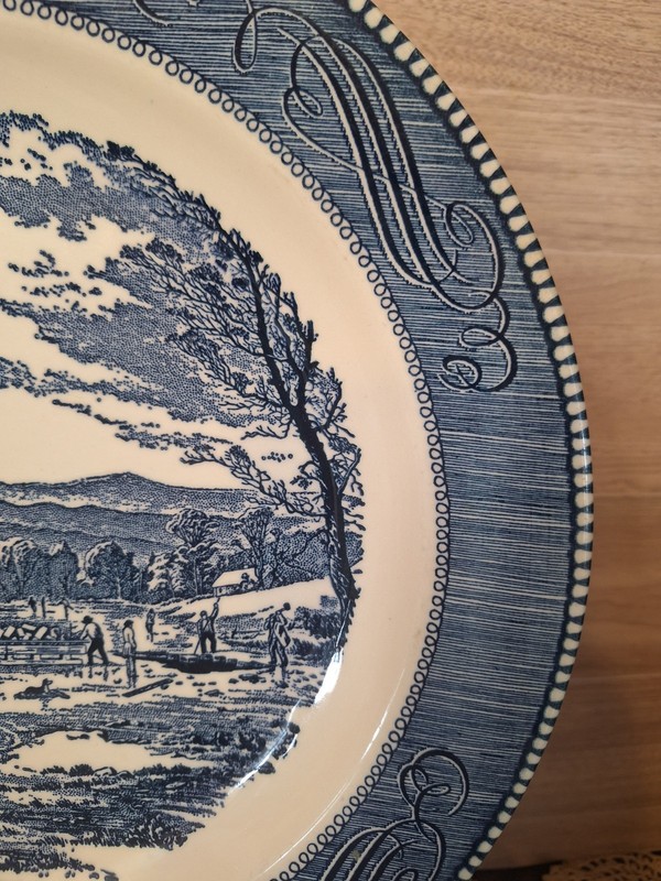 Vntg Currier & Ives Blue Transferware Cake Plate / Platter, Farmhouse Decor,... gallery