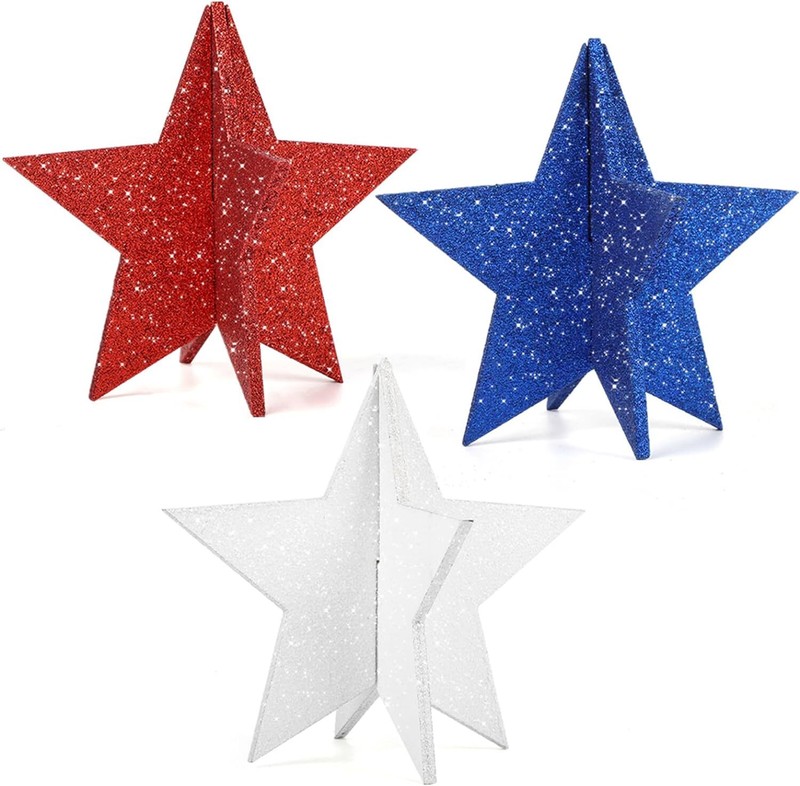 COCHIE 6 Inch Labor Day Decorations Wooden Stars Set, 3D Glitter Star Solid