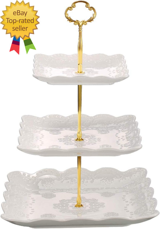 3 Tier Porcelain Cupcake Stand Tiered Serving Cake Stand Square White Embossed