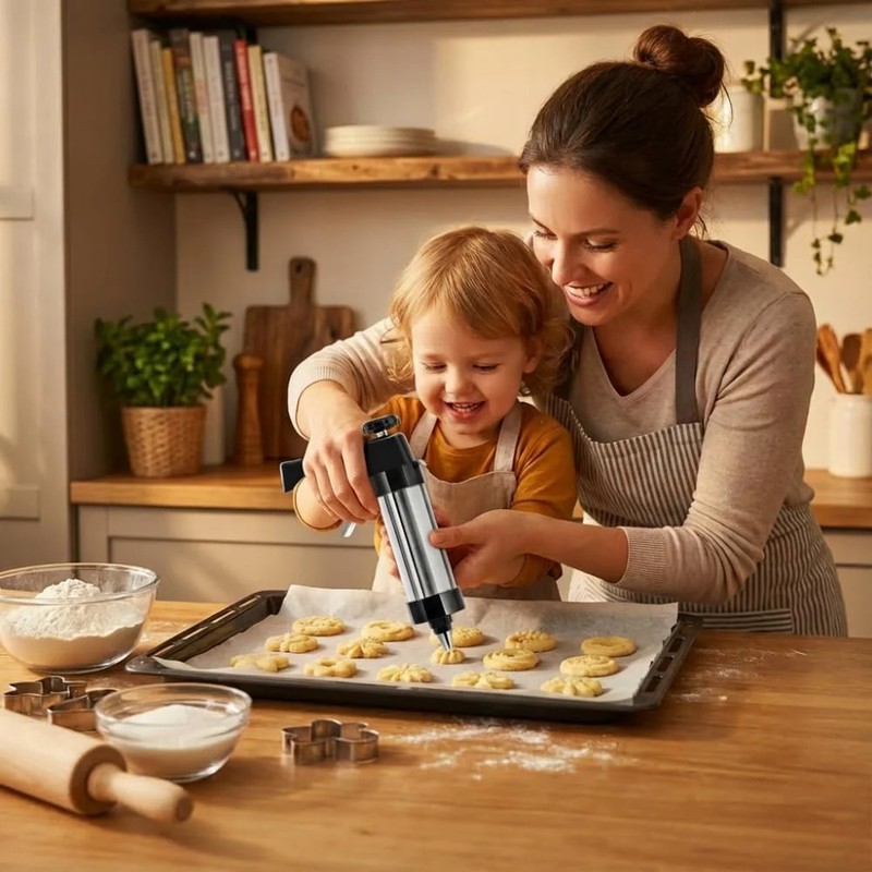 Stainless Steel Cookie Press Gun Kit with 13 Cookie Discs & 8 Piping Tips, Inclu gallery