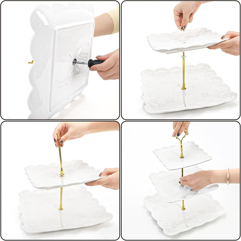 2 Pack 3-Tier White Ceramic Embossed Dessert Cake Tower Stand with Gold Carry Ha gallery