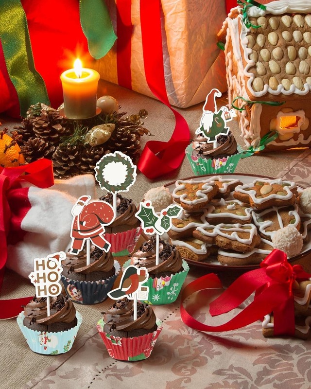 400 PCS Christmas Cupcake Liners 12 PCS Toppers Mini Muffin Xmas Party gallery