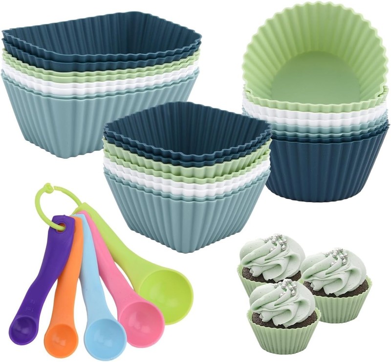 24pcs Silicone Muffin Cups,5pcs Plastic Measuring Spoons Set,Reusable Muffin