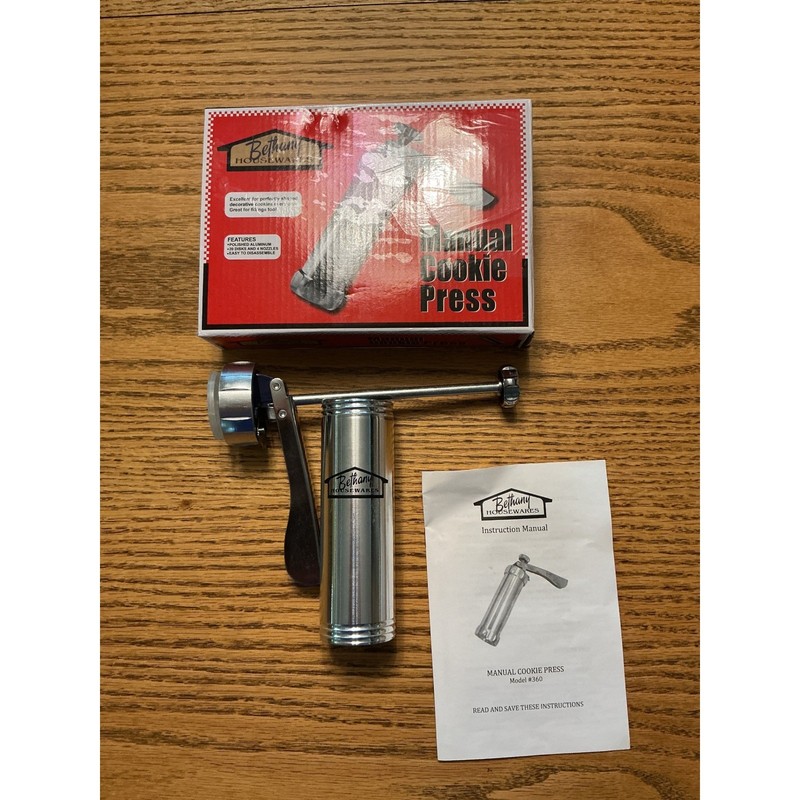 Bethany Housewares Manual Cookie Press Model 360 Polished Aluminum 20Disks 4Tips