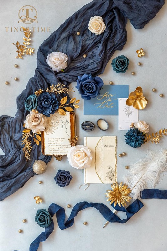 TINGE TIME Navy Blue Artificial Roses Faux Flowers Bulk Wedding Bridal Decor DIY gallery