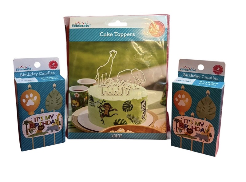 Safari Animals Cake Topper Set, 3-Piece Beige And 2 Boxes Of 3 Each Bday Candles