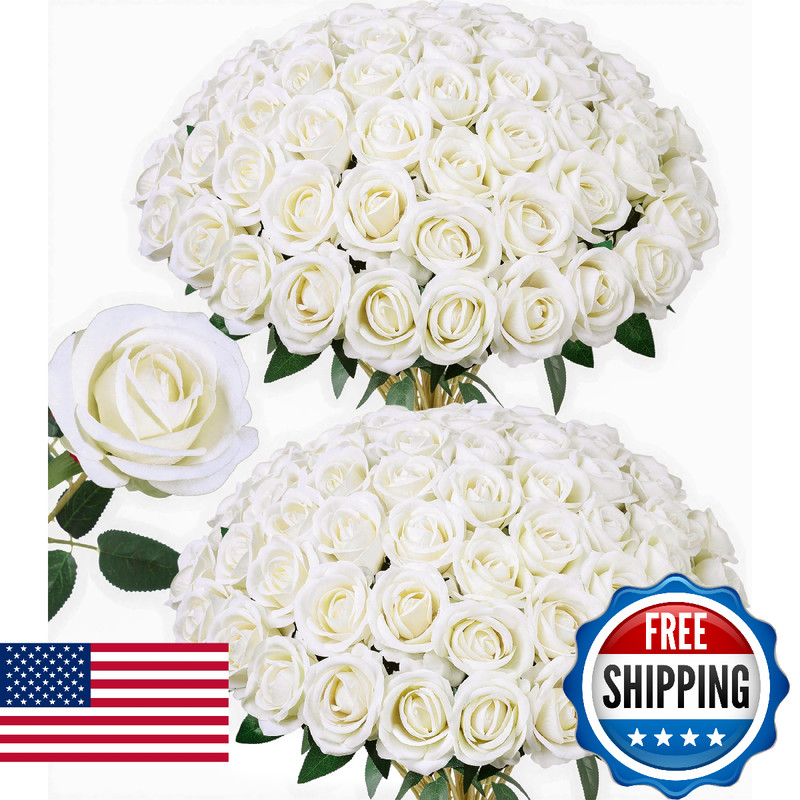 50 PCS Ivory Roses Artificial Flowers, Fake Roses with Stem Realistic Silk Roses