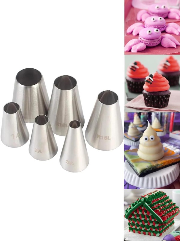 6-PCS Large Round Piping Tips, 1A, 2A, 3A, R16L, R18L, R22L, Macarons, Cupcake