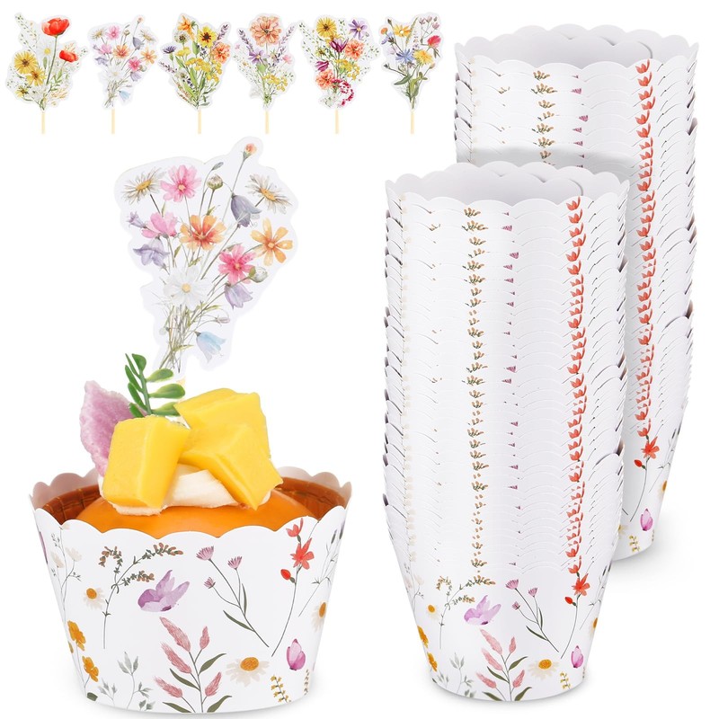 72 PCS Wildflower Cupcake Wrappers Topper Paper Liner Floral Birthday Decor