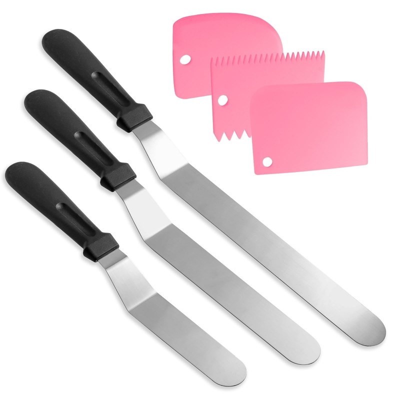 Litoexpe 6 Pack Stainless Steel Icing Spatulas with 3 Pink Cake Smoother Scra…