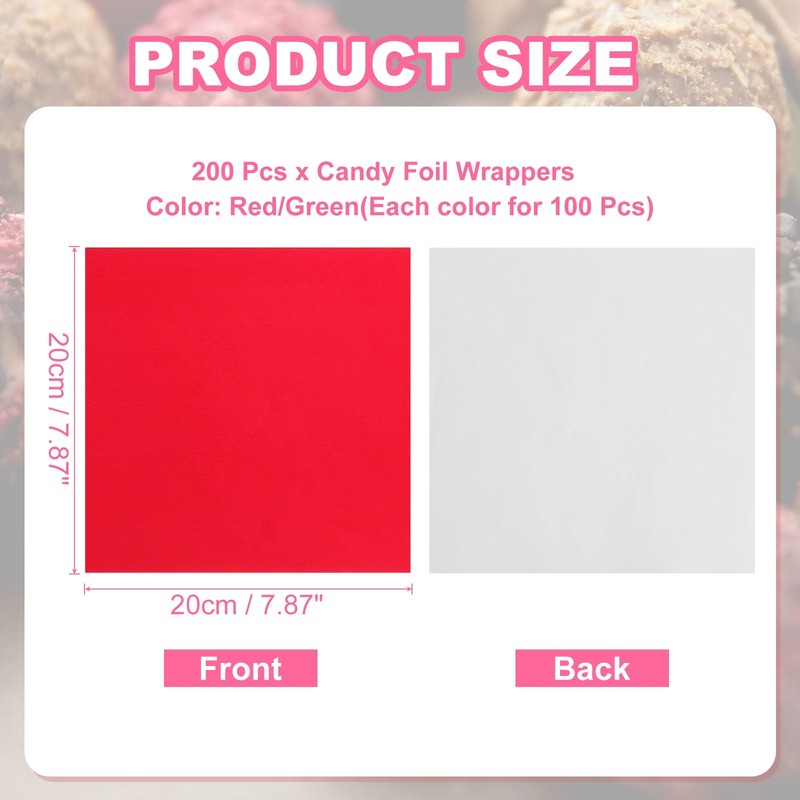 200 Pcs Candy Foil Wrappers, 7.87 x 7.87" Chocolate Wrappers, Red/Green gallery