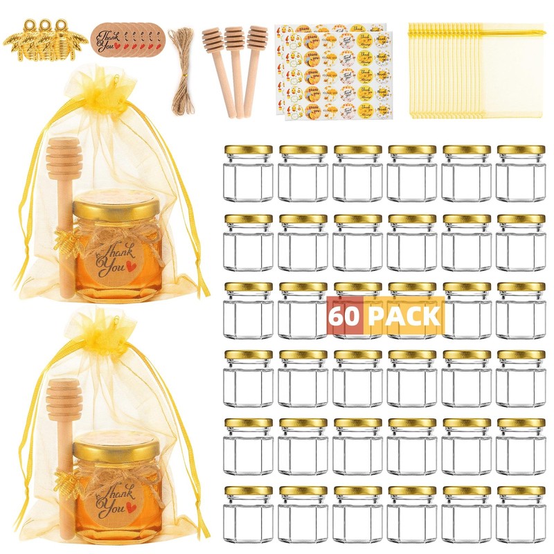 60 Pack Mini Glass Honey Jars Party Favors,1.5 oz Small Hexagon Glass Honey J…