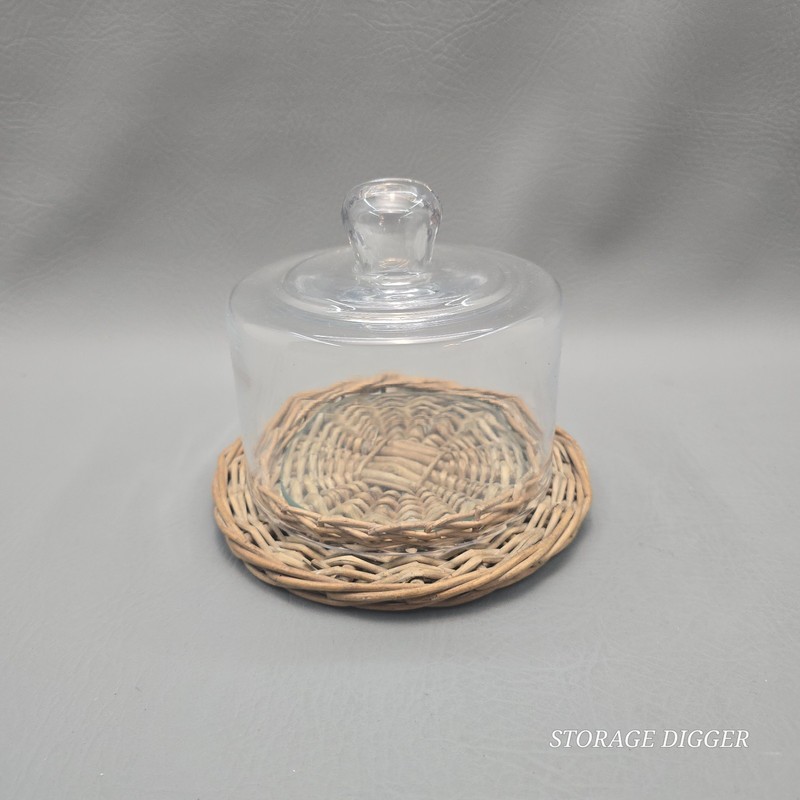 Vintage Decorative Fruit Cake Stand Handmade Rattan Glass Dome with Wicker Tray