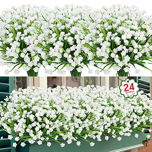 24 Bundles Artificial Flowers for Outdoors UV Resistant Fake 24 Packs White