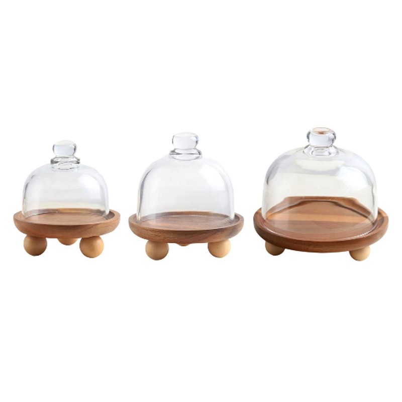 Wooden Cake Stand with Lid Glass Cover Fruits with Pedestal Server Tray for
