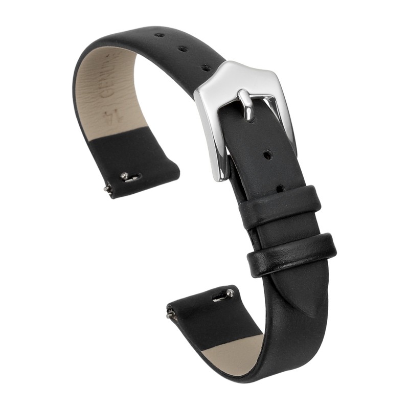 14mm Black Leather Watch Strap for Women with Silver Buckle