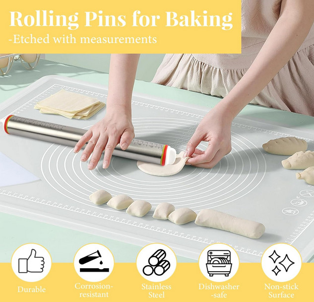 17" Stainless Steel Rolling Pin Adjustable Dough Roller w/ 4 Thickness Rings Bak gallery