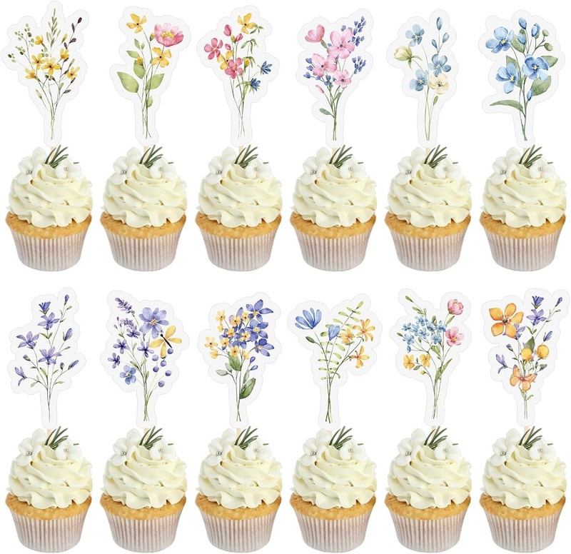 Spring Wildflower Party Decorations 48 PCS Flower Cupcake Toppers Baby in Bloom