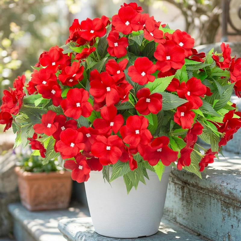 Artificial Impatiens Flowers Red 4Pcs UV Resistant Outdoor Silk Bushes Porch Dec