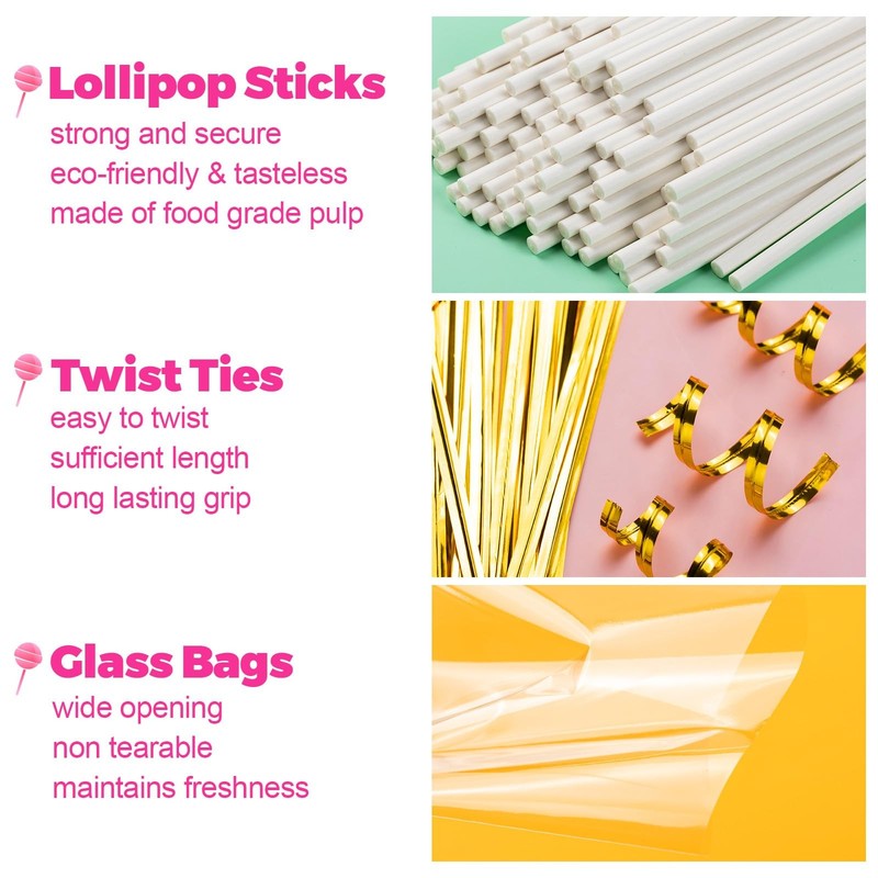 6In Cake Pop Sticks 600Pcs, Lollipop Sticks, Treat Bags, Gold Ties, White gallery